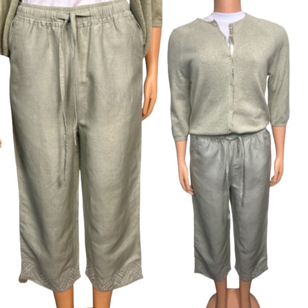 Stephanie Rogers Pants Crop Ramie Rayon Wide Leg Embroidered Hem size M